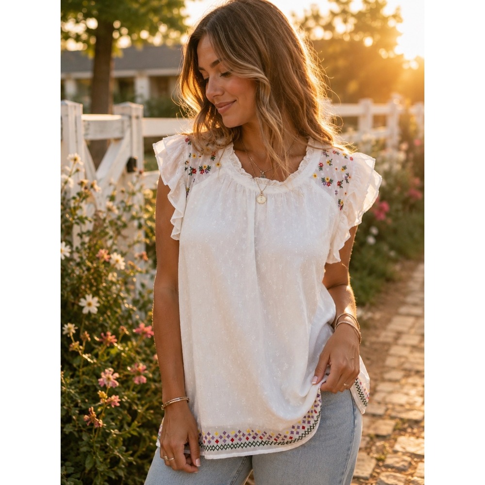 Savanna Jane Embroidered Top 1X White Romantic Cottagecore Boho Festival NWT